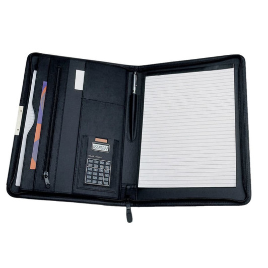 A black A4 zip compendium featuring a calculator, pen holder, card slots, and lined notepaper.
