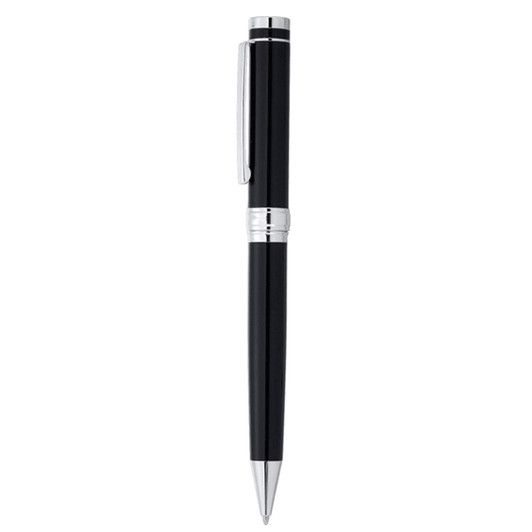 A sleek black metal ballpoint pen with silver accents and a clip, featuring a logo on its body.