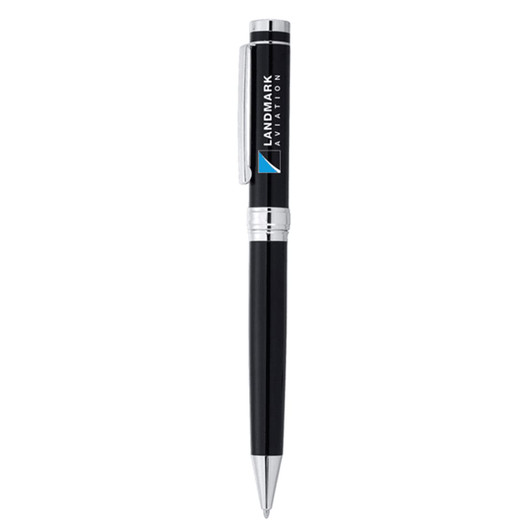 A metal ballpoint pen in black with silver accents and a logo. Ideal for writing and stationery.
