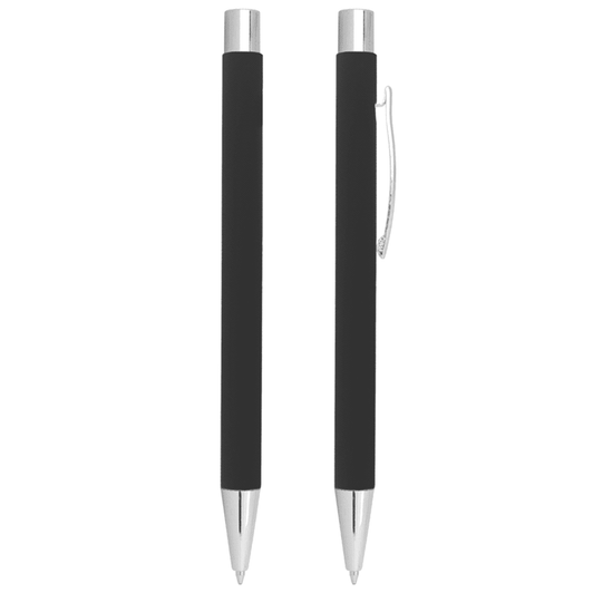 A black metal ballpoint pen with a sleek design and silver accents, featuring a clip and click action mechanism.