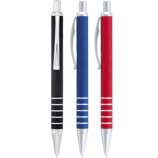 A set of three Kingston Click Ballpoint Pens in black, blue, and red, featuring silver accents and a sleek design.