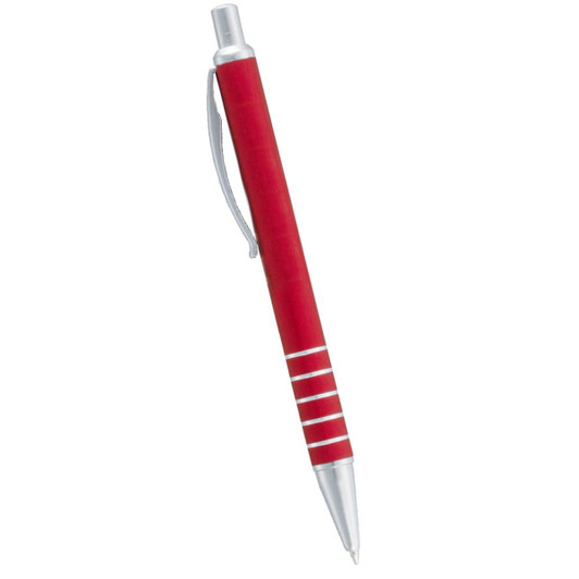 A red ballpoint pen with silver accents and a clip, featuring a simple design and a branding logo.