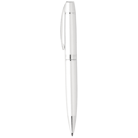 A sleek white metal pencil with silver accents and a clip, featuring a logo on the body.