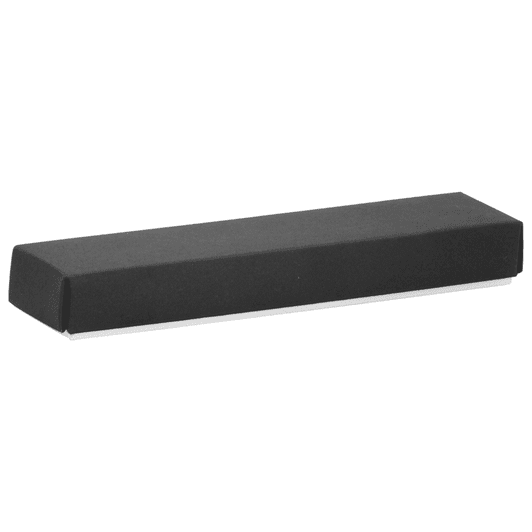 A black rectangular pen box with a smooth finish and an internal compartment for a single pen.