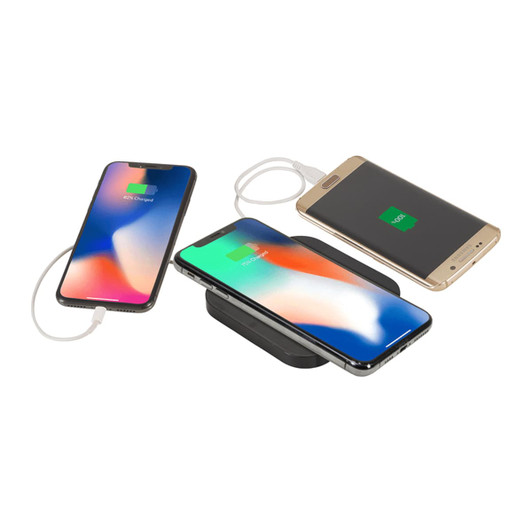 A wireless charging pad with dual outputs, featuring multiple smartphones in use, displayed in black with a sleek design.