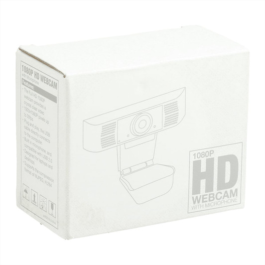 A white box containing a 1080P HD webcam with a built-in microphone, featuring a simple design and logo.
