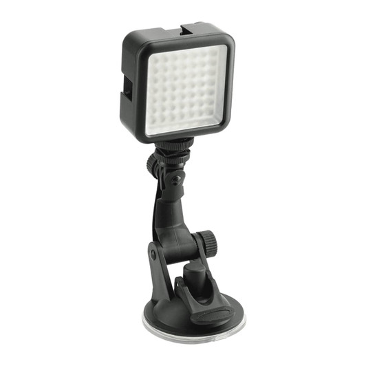 A black portable video light with a square head and adjustable arm, featuring a suction cup base for mounting.