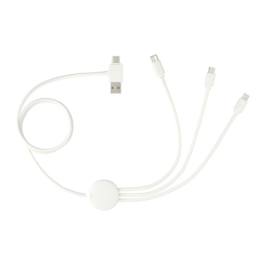 A white 5-in-1 charging cable featuring multiple connectors and a circular attachment, designed for various devices.