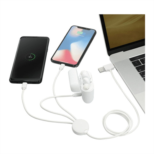 A white 5-in-1 charging cable connected to two smartphones and a laptop, featuring an antimicrobial additive.