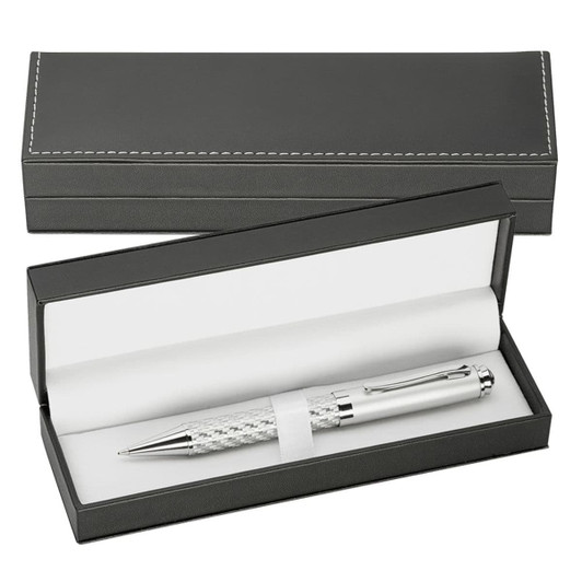 A sleek grey pen box with a white inner lining, featuring a silver pen inside. The box includes subtle stitching details.