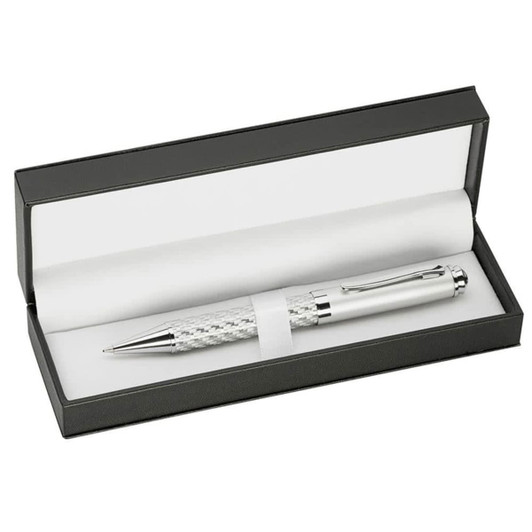 A sleek silver pen displayed in a black single pen box, featuring an interior with a white lining.
