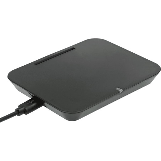 A black wireless charging phone stand with a sleek design and a USB connection.