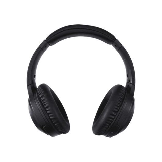 A pair of black over-ear headphones with padded ear cups and a curved headband, featuring a logo.