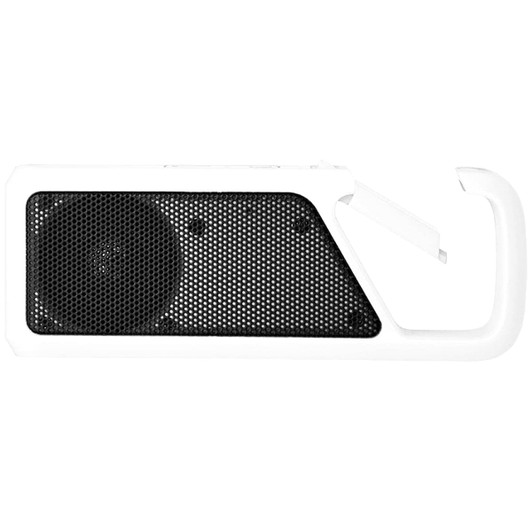 A white Bluetooth speaker with a mesh grille and a handle, featuring a sleek, modern design.