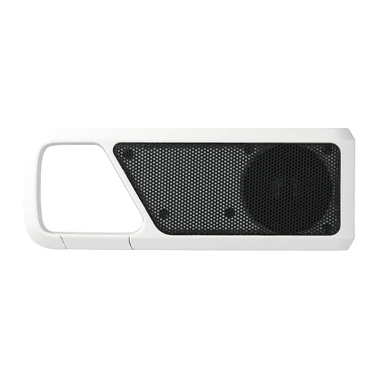 A white Bluetooth speaker with a black mesh grille and a cylindrical speaker, featuring a logo.