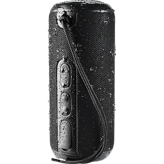 A black rugged fabric waterproof Bluetooth speaker with a textured surface and visible water droplets.