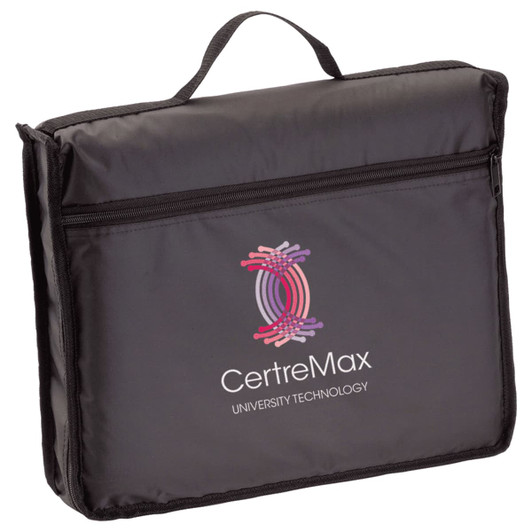 A black picnic rug in a carry bag featuring a logo, with a handle for easy transport.