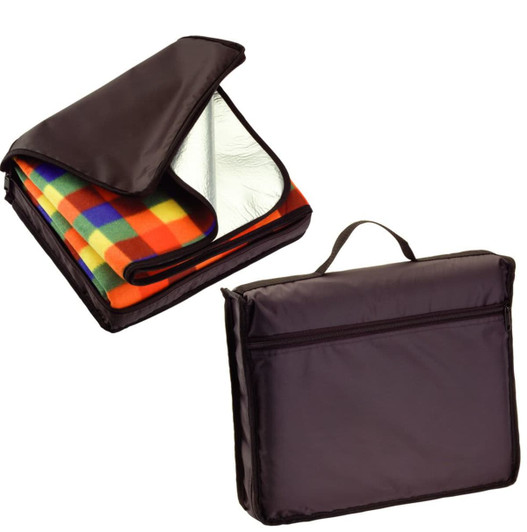 A picnic rug in a carry bag, featuring a colourful checked pattern and a dark brown exterior with a handle.