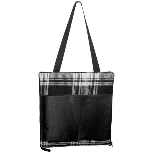 A black and white plaid picnic rug with a black carrying strap, featuring a large pocket on the back.