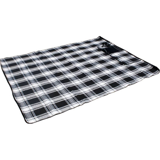A large picnic rug features a black and white plaid pattern, with a secure fastening for easy transport.