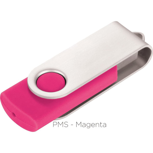 A pink and silver rotating USB flash drive with a button and a loop for easy attachment.