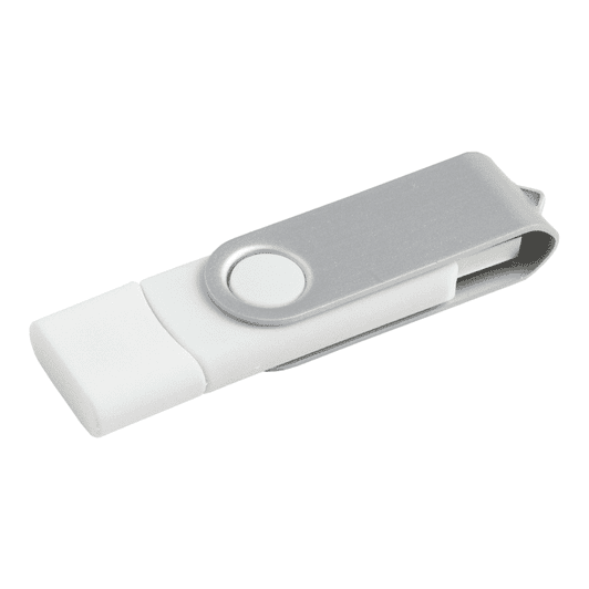 A dual USB flash drive with an 8GB capacity, featuring a silver and white design and a branding logo.