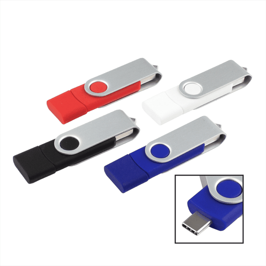 A set of four Rotate Dual USB flash drives in black, red, white, and blue, featuring a logo on each.