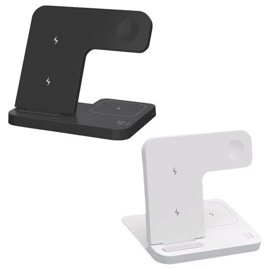 A foldable wireless charger in black and white, featuring multiple charging areas and a logo.