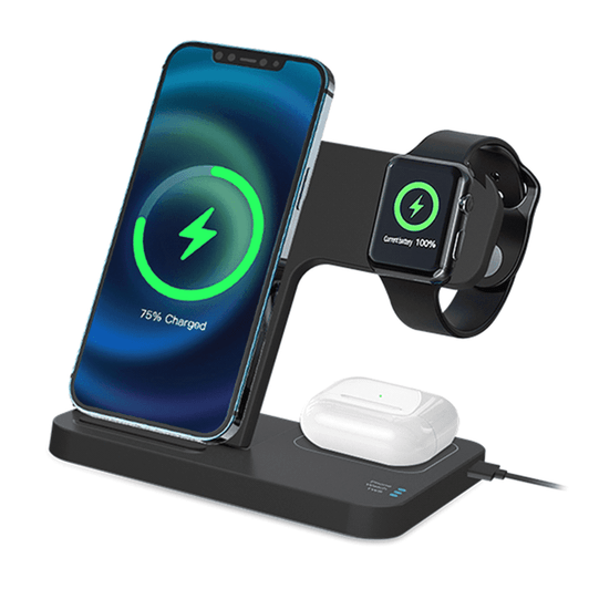 A black 3-in-1 foldable wireless charger with charging spaces for a smartphone, Apple Watch, and AirPods.