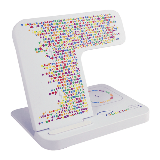 A wireless charger in white with a colourful dot pattern, featuring a logo and a sleek, foldable design.