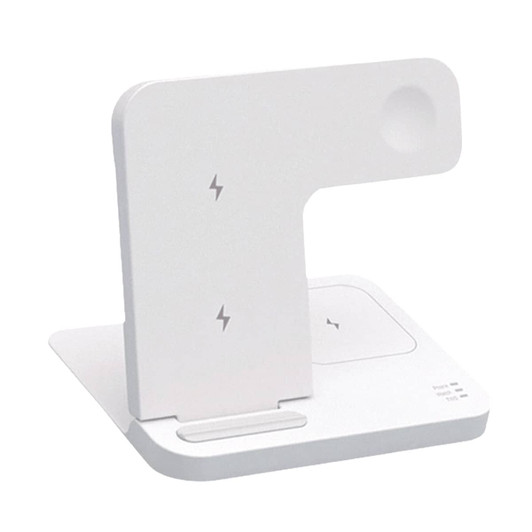 A white 3-in-1 foldable wireless charger with multiple charging surfaces and a logo.