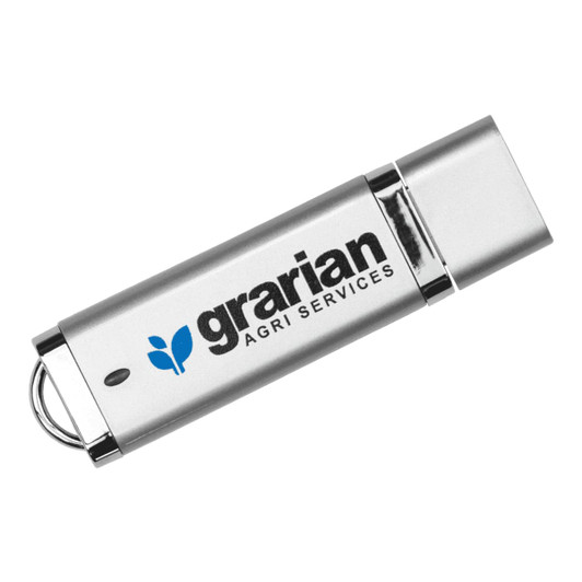 A metallic silver USB flash drive with a logo, featuring a sleek design and a keyring loop.