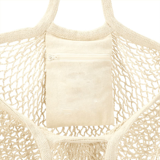 A cream-coloured mesh tote bag featuring an integrated zippered pouch inside. The bag has a simple design and a branding logo.