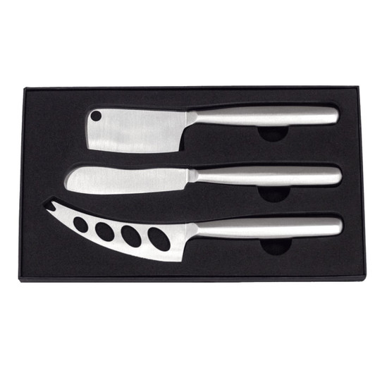 A stainless steel cheese knife set featuring three knives in a sleek black box.