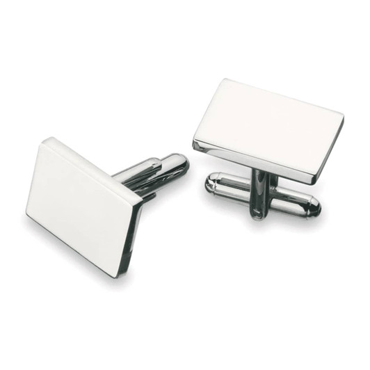 A pair of plain rectangular cufflinks in silver with a white finish. They feature a logo on one side.