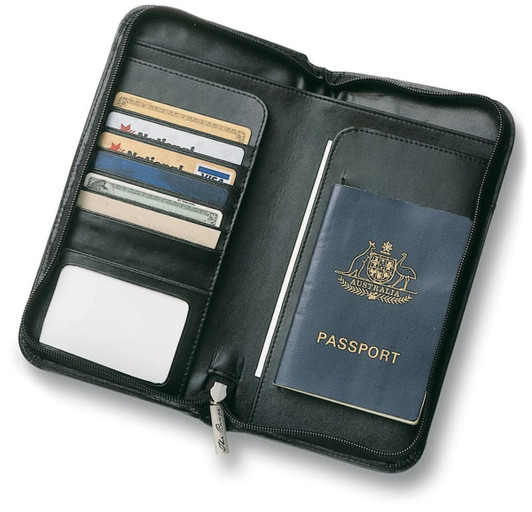 A black leather travel wallet featuring pockets for cards and a space for a passport. Includes a branded logo.