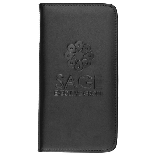 A black leather travel wallet featuring a logo embossed on the front.