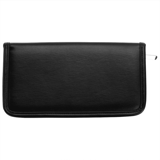 A black travel wallet with a sleek design, featuring a zip closure and a branding logo.