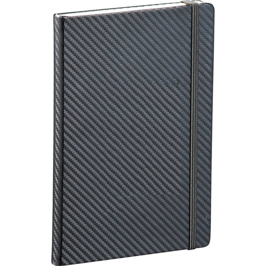 A dark grey, carbon fibre textured journal featuring an elastic band closure and a sleek design.