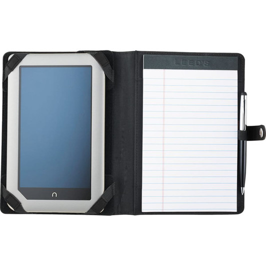 A black padfolio featuring a tablet holder, a notepad, and a pen for office use.