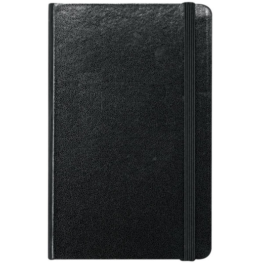A black pocket-bound journal with a textured cover and an elastic band closure. Contains a logo on the front.