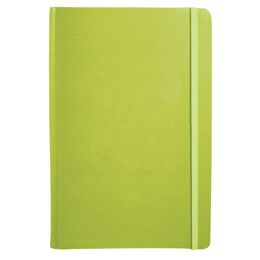 A green Ambassador Bound JournalBook with a smooth cover and an elastic closure. It features a simple design and branding.