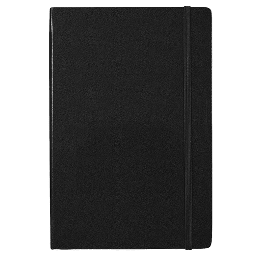 A black notebook with a smooth finish and an elastic band closure. It features a logo on the cover.