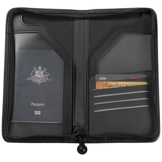 A black travel wallet with compartments for a passport and cards, featuring a logo on the inner side.