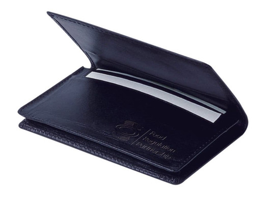 A black business card holder with an open flap and a logo on the surface. Contains multiple card slots inside.