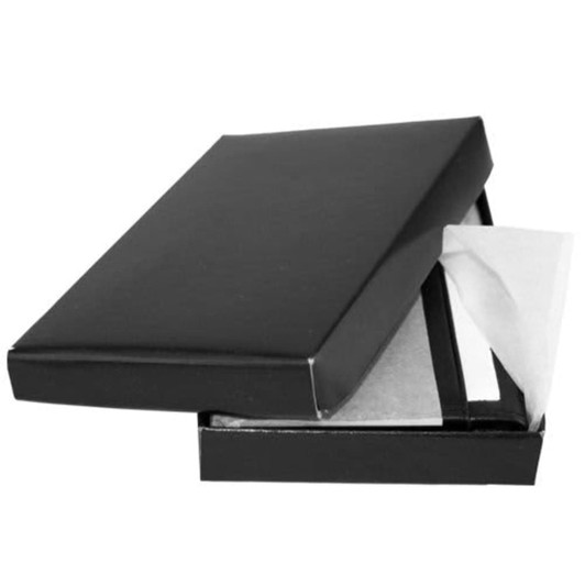 A sleek black business card holder in an open box, featuring a soft lining and a minimalist design.