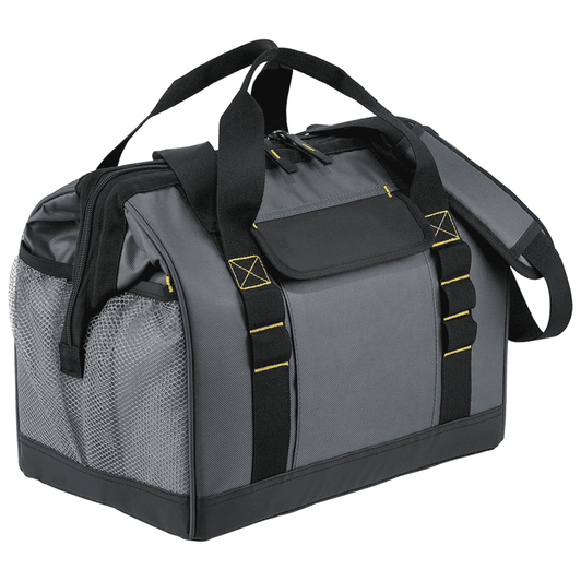 A grey cooler bag with black accents and a mesh side pocket, featuring handles and a shoulder strap.