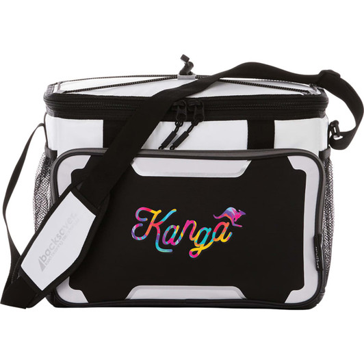 A cooler bag with a black and white design, featuring a colourful logo and a shoulder strap.