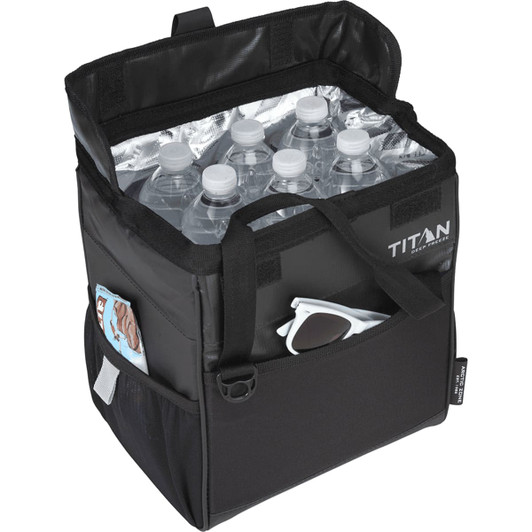 A black lunch cooler with a silver insulated interior, holding several water bottles and featuring a side pocket.