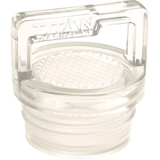 A drink bottle cap in clear plastic, featuring a textured grip and an integrated handle. It has a logo on the side.